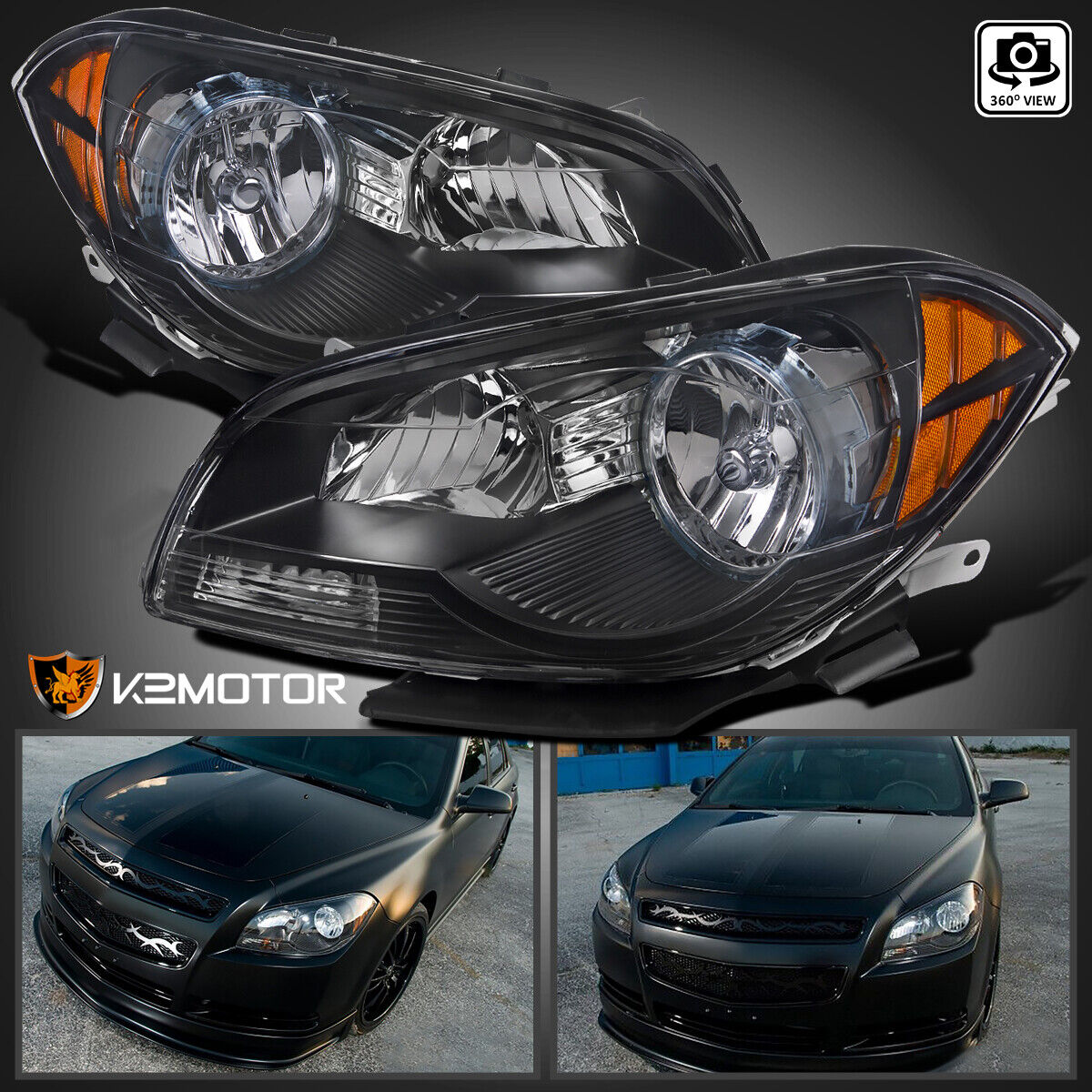 Black Fits 2008-2012 Chevy Malibu Headlights Headlamps Left+Right 08 09 10 11 12