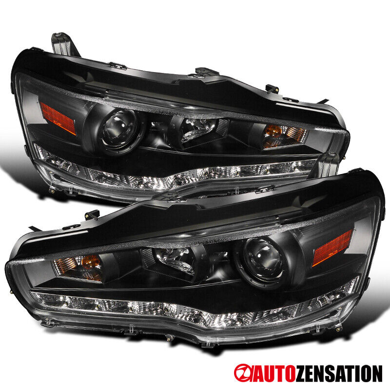 For 2008-2015 Mitsubishi Lancer EVO 10 SMD LED Strip Black Projector Headlights
