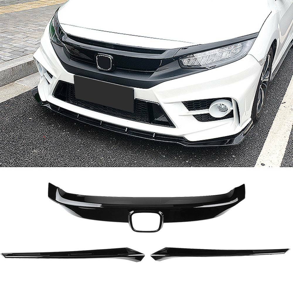 Fits Honda Civic 2016-2018 Front Upper Grille Cover Molding Trim Gloss Black 3PC