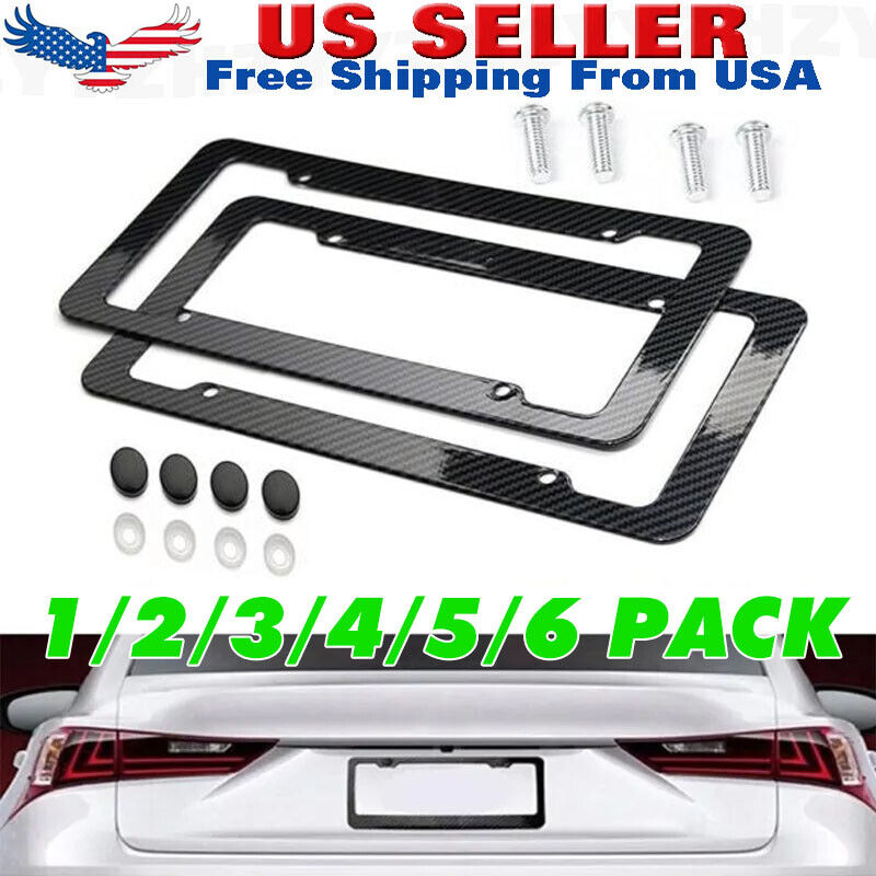 1~6X Black Car Carbon Look License Plate Frame Cover Front & Rear Universal Size