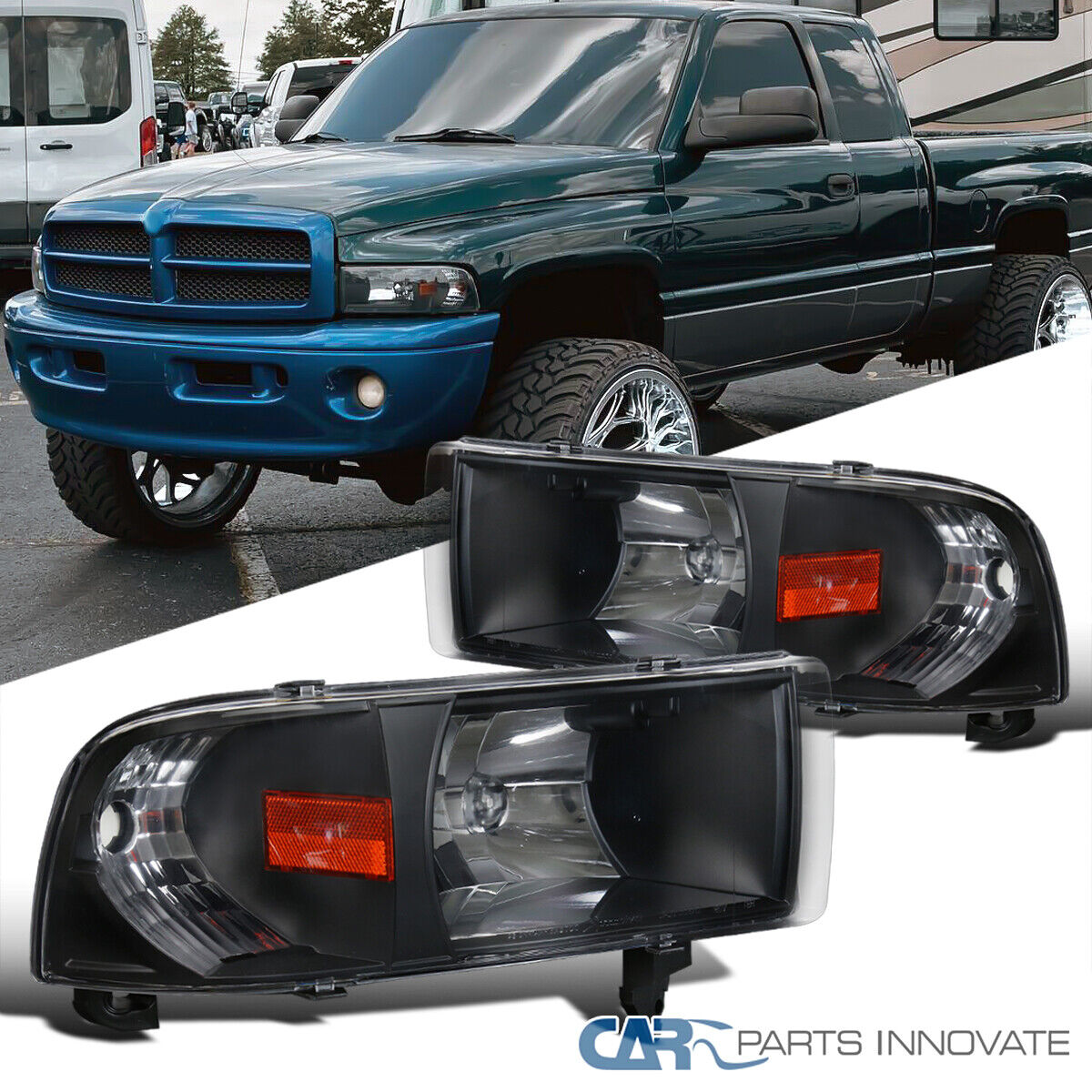 Fits 94-01 Dodge Ram Pickup 1500 2500 3500 Black Headlights+Corner Signal Lamps