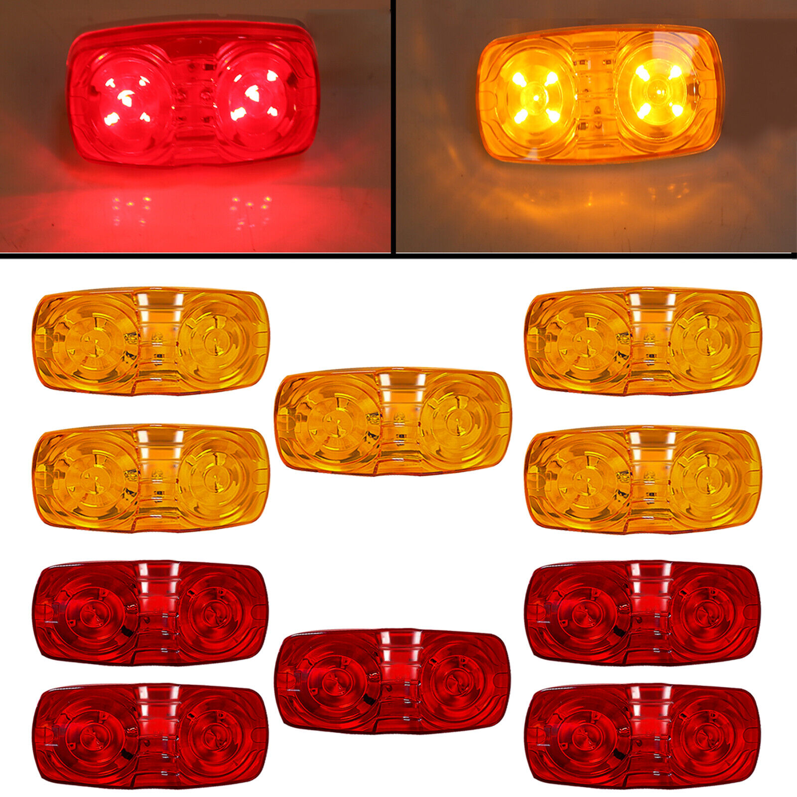 10x Trailer Marker LED Light Double Bullseye 10 Diodes Clearance Lamp Red/Amber