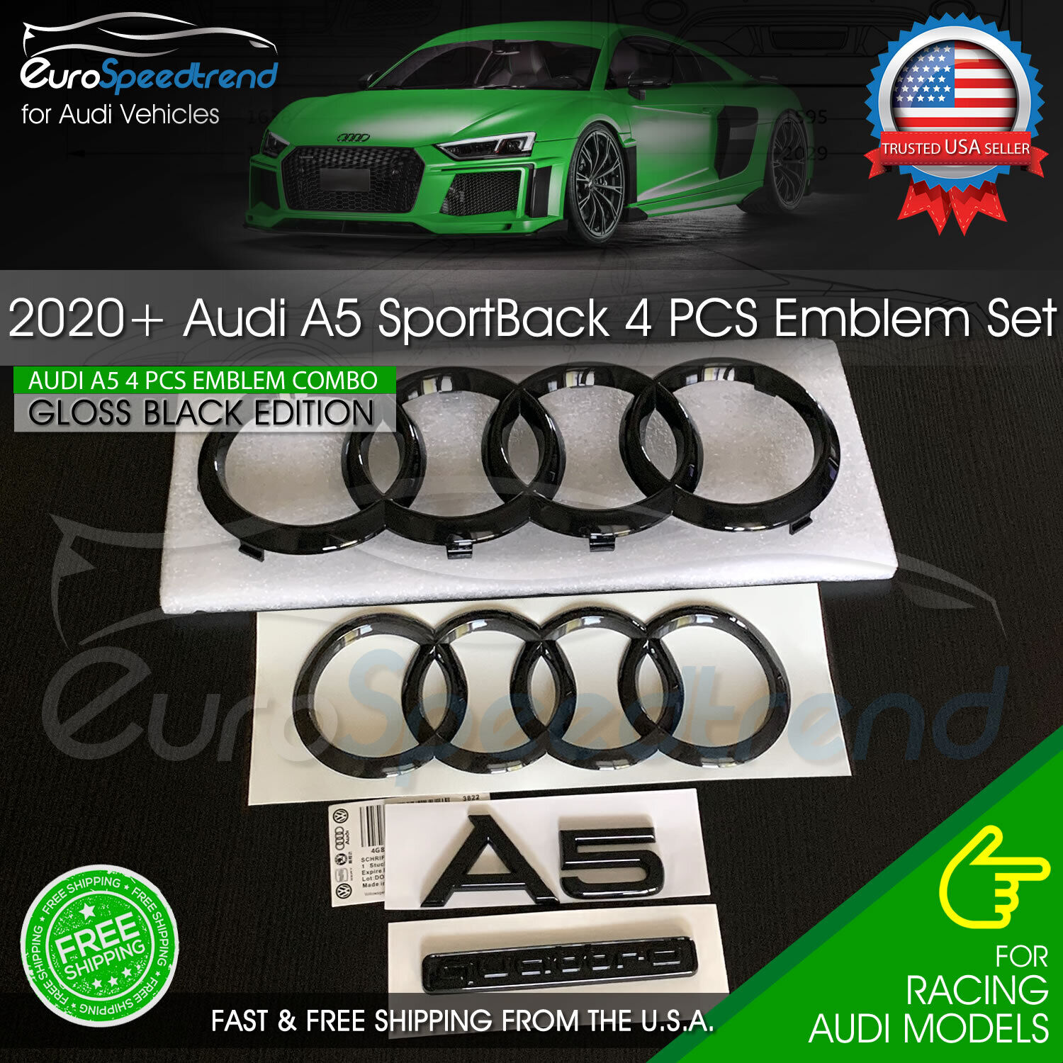 2020 Audi A5 Sportback Front Rear Curve Rings Emblem Gloss Black Quattro 4PC Set
