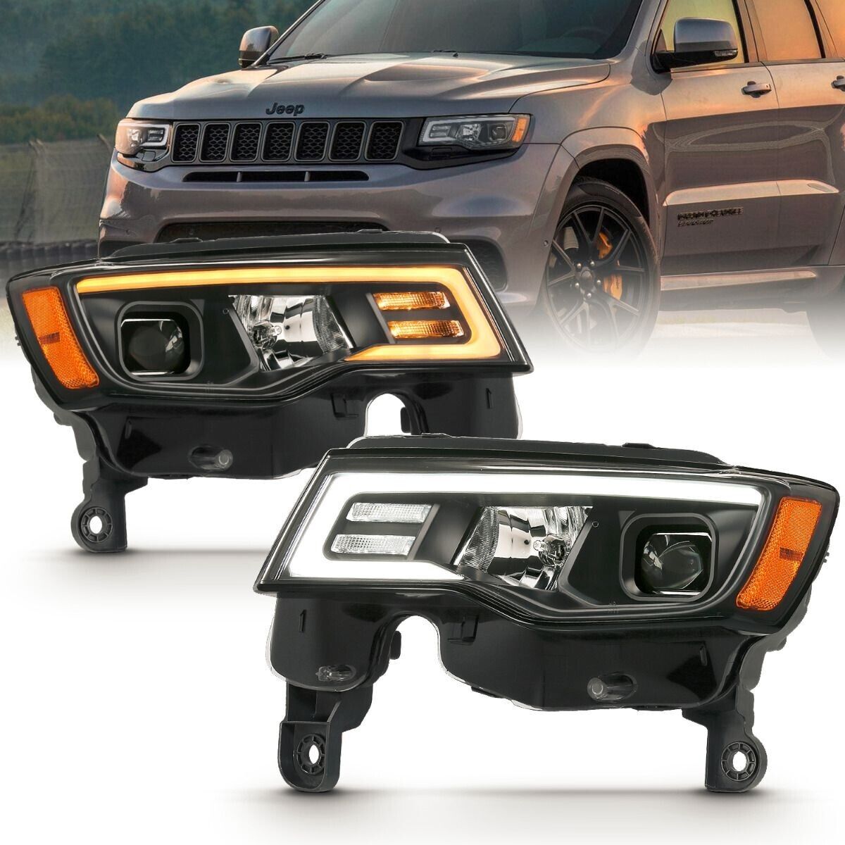Fits JEEP GRAND CHEROKEE 17-22 PROJECTOR SWITCHBACK LED HEADLIGHTS BLACK 111418