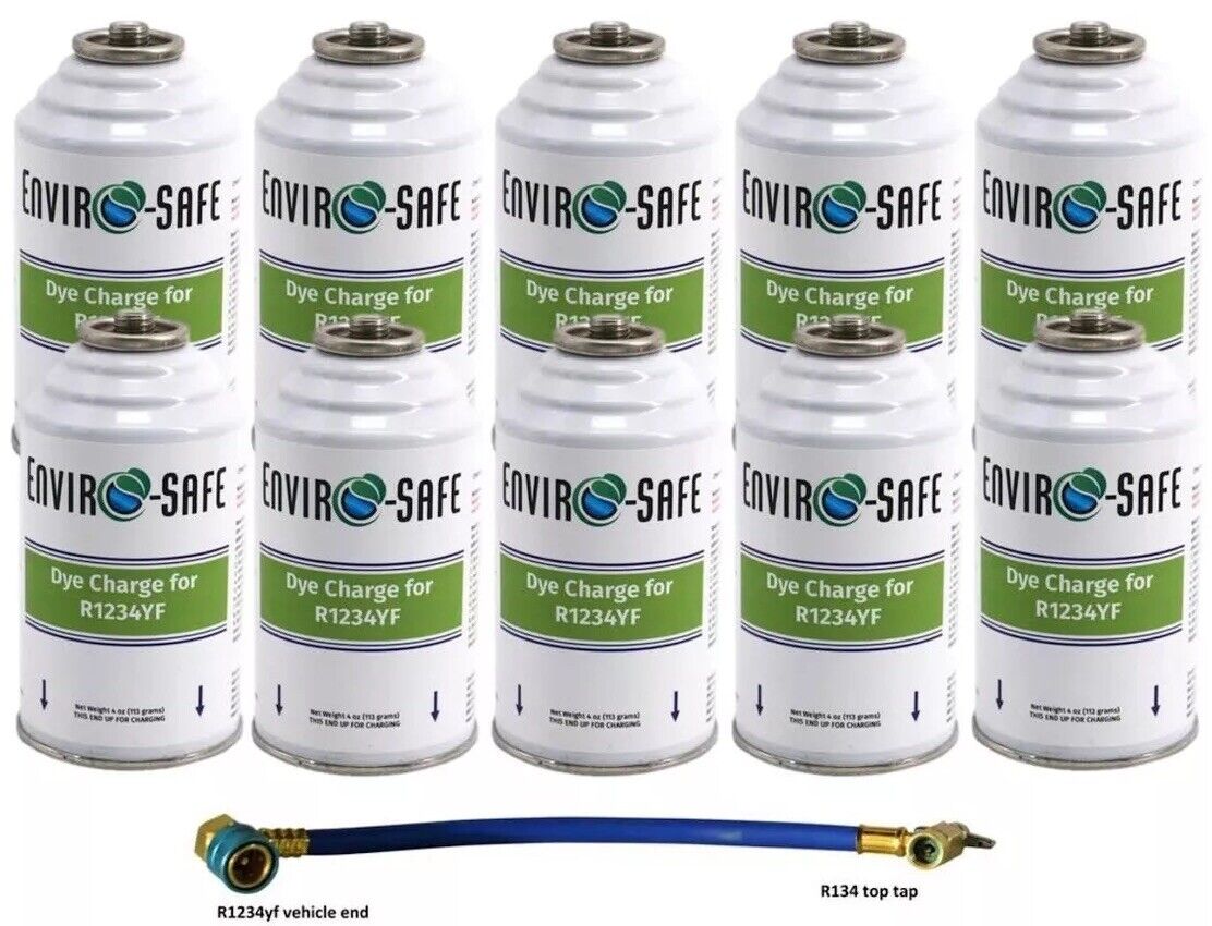 Refrigerant Leak Detector Dye, UV Dye, For 1234YF Systems + Hose (10 Can Kit)