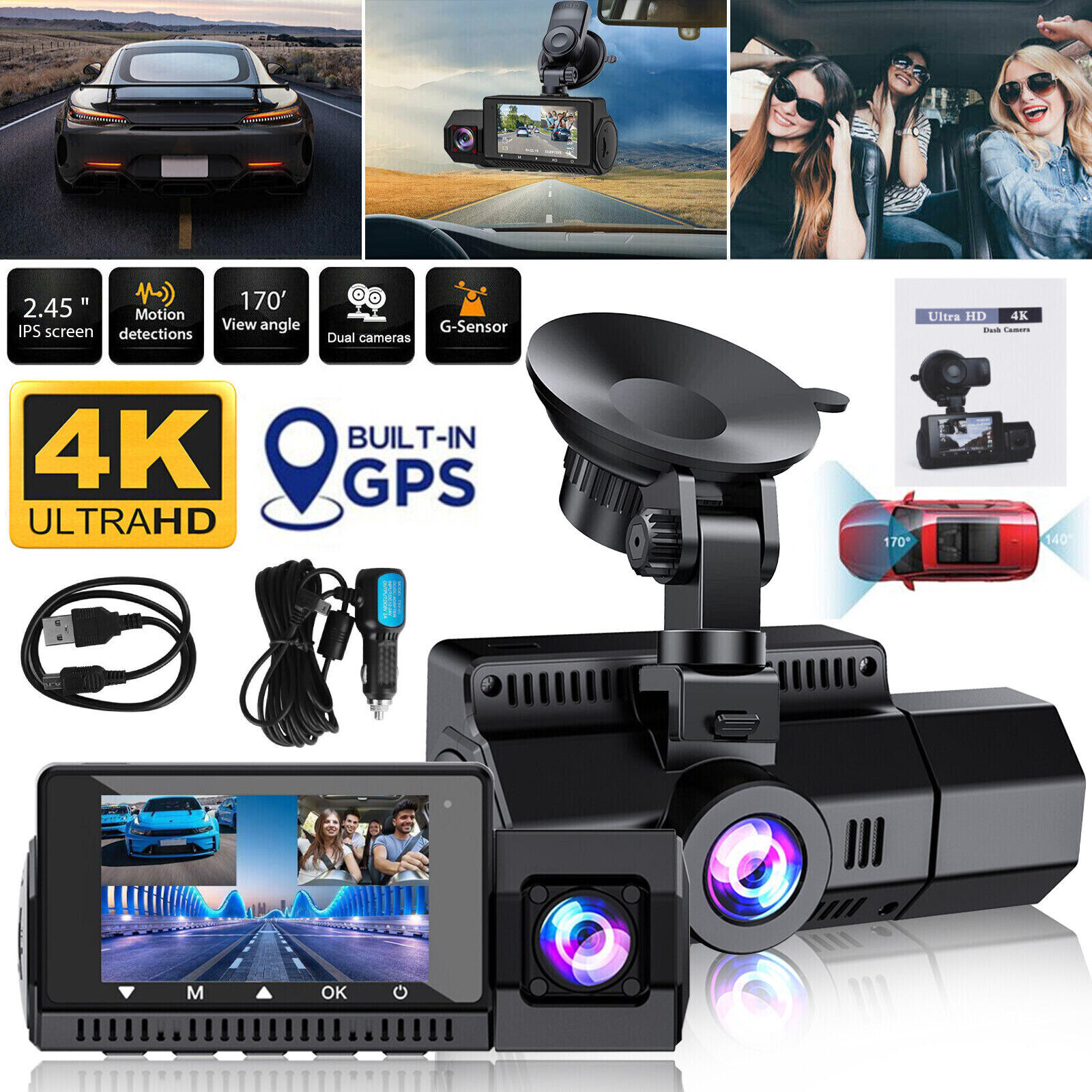 UHD 4K 1080P Dual Lens Car Dash Camera Video Recorder Night Vision GPS G Sensor