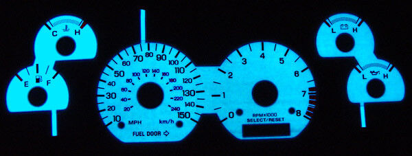 Blue/Green GLOW White Face Gauge Overlay For 1999-2004 Ford Mustang GT 150MPH