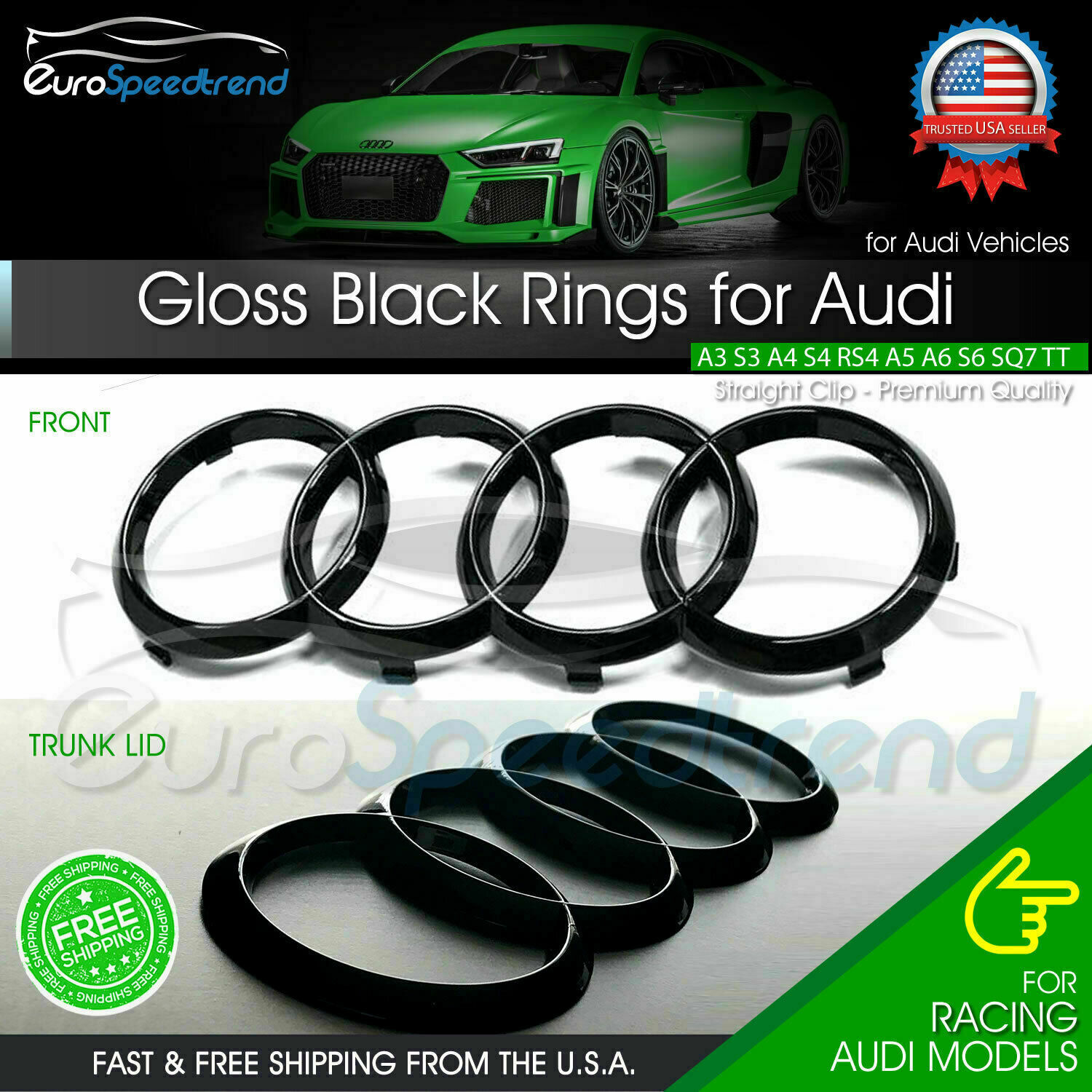 Audi Rings Front Grill & Rear Trunk Emblem Gloss Black Logo A3 A4 S4 A5 S5 A6 S6