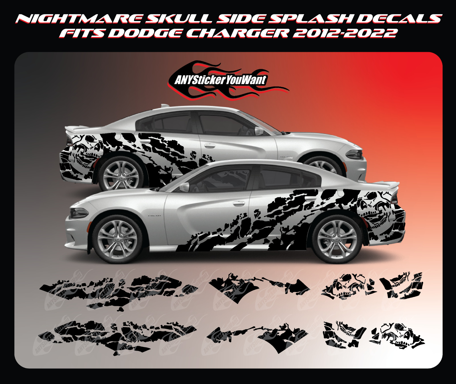 Nightmare Skull Side Splash Graphic Vinyl Decals Fits Dodge Charger 2012-2022