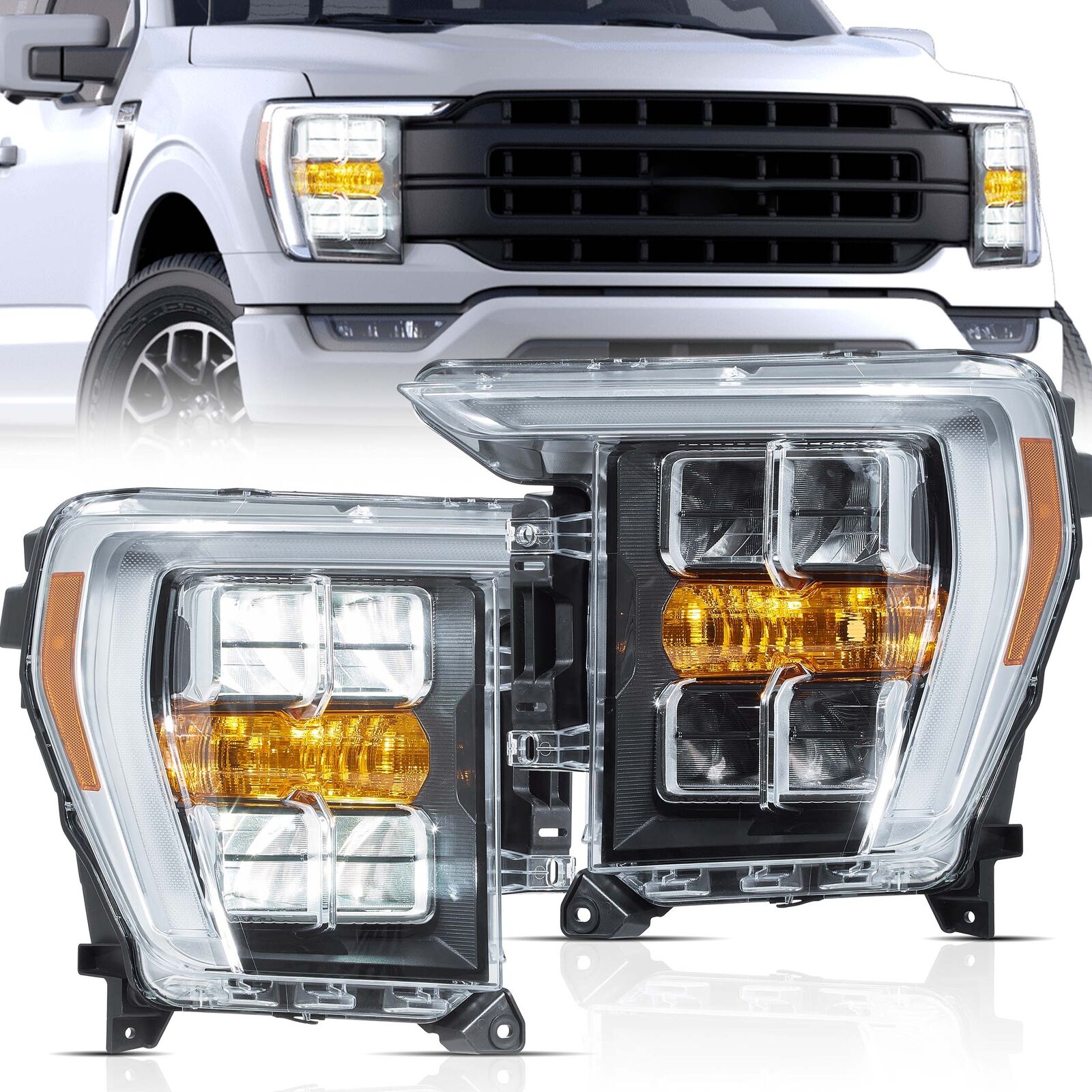 VLAND Set LED Reflector Headlights For 2021 2022 2023 Ford F150 F-150 Headlamp