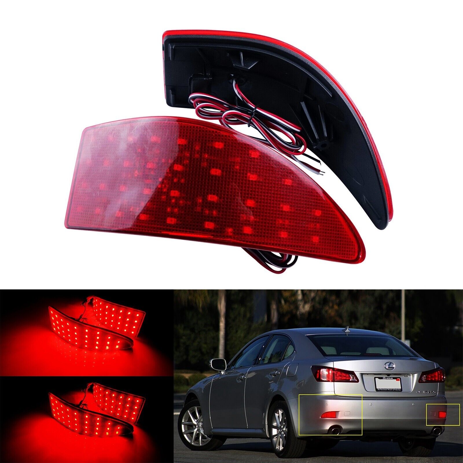 Red LED Rear Bumper Reflector Stop Brake Light For 2006-13 Lexus IS250 IS350 JDM