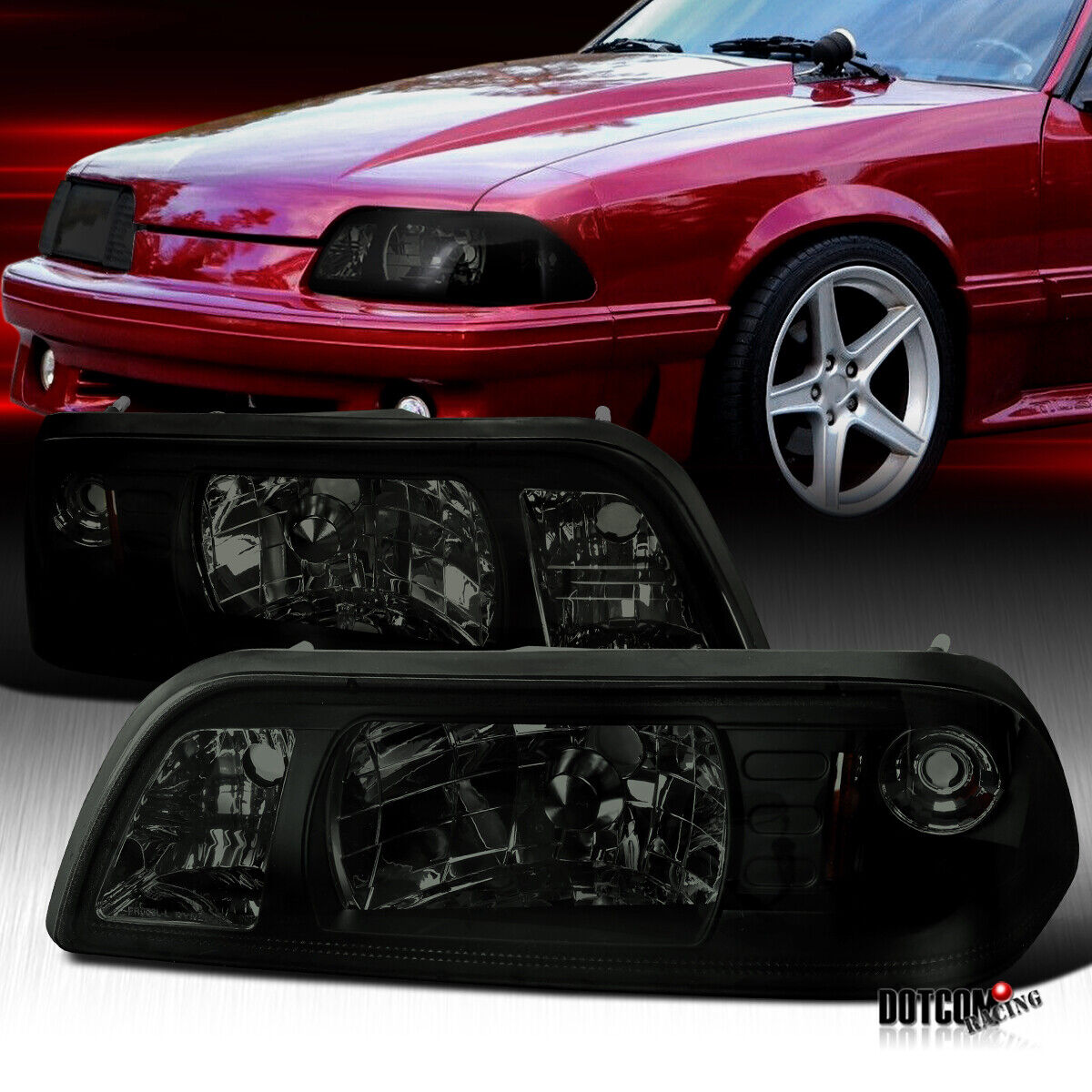 Fit 1987-1993 Ford Mustang 87-93 GT 1PC Style Smoke Headlights Head Lamps Pair