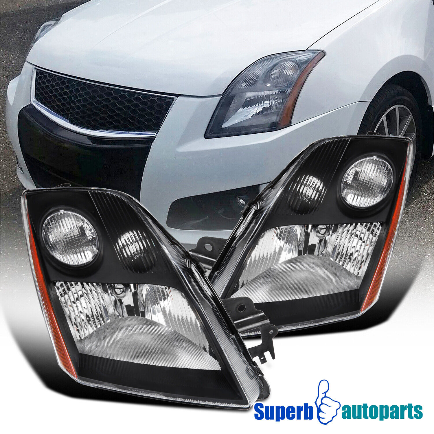 For 2007-2009 Sentra Black Headlights Replacement Lamps Pair Left+Right 07 08 09