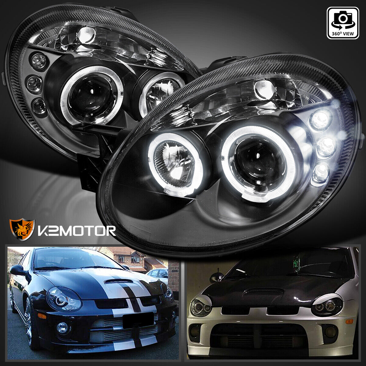 Black Fits 2003-2005 Dodge Neon LED Halo Projector Headlights Lamp Left+Right