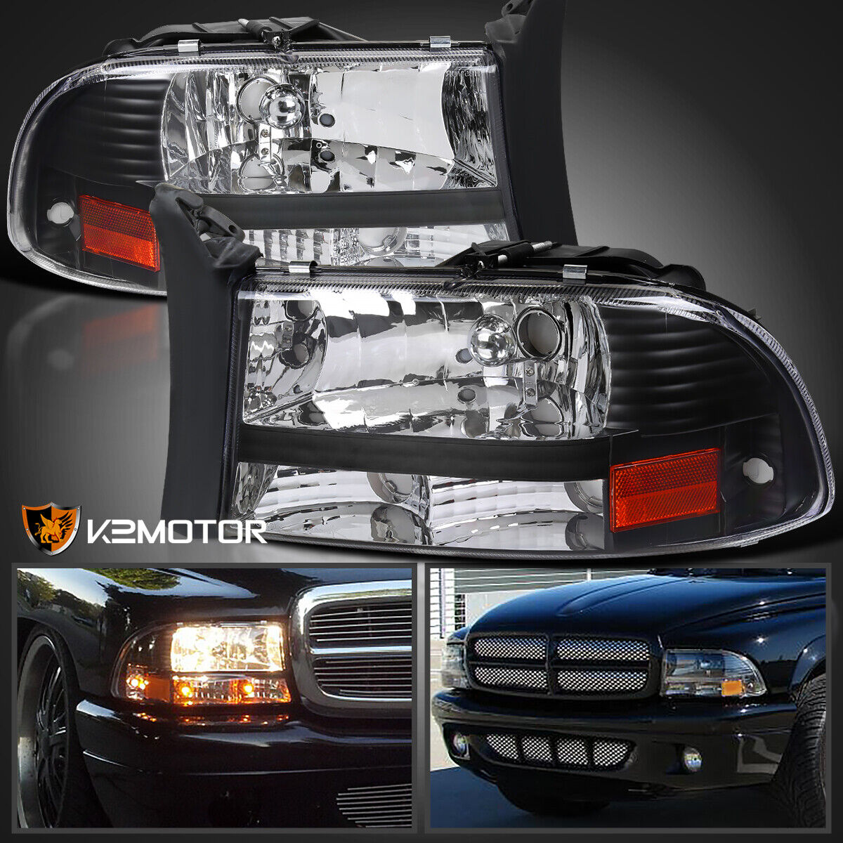 Black Fits 1997-2004 Dodge Dakota 1998-2003 Durango 1PC Style Headlights Lamps