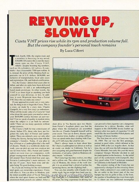 1993 Cizeta V16T Original Car Review Print Article H96