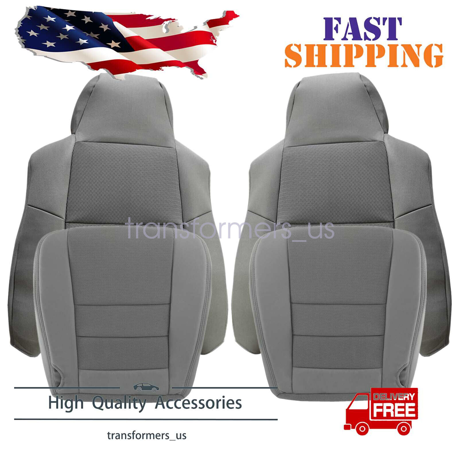 For 03-07 Ford F250 F350 Driver & Passenger Cloth Bottom & Top Seat Cover Gray