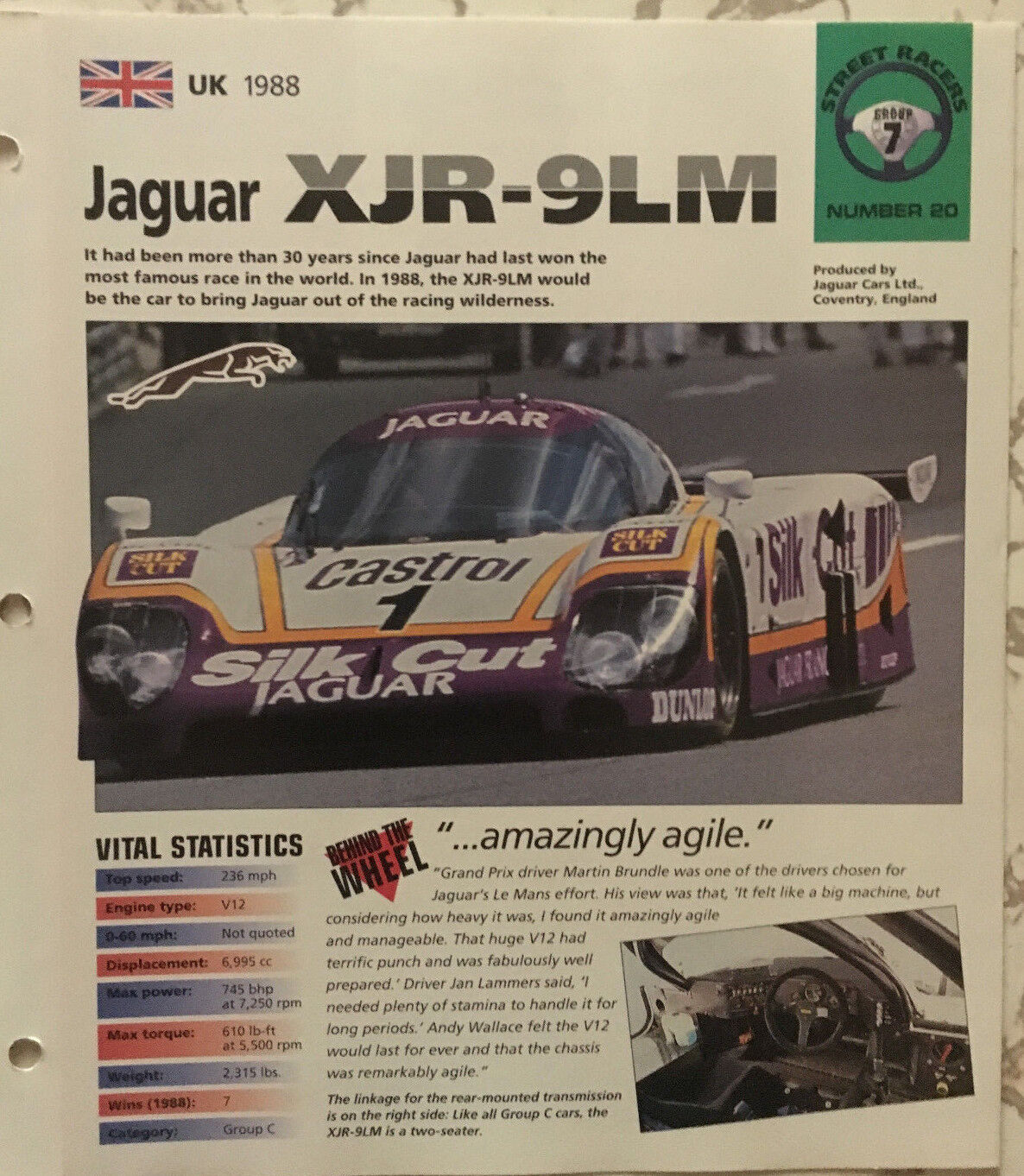 Jaguar XJR-9LM 1988  HOT CARS poster with vital statistics DREAM MACHINES