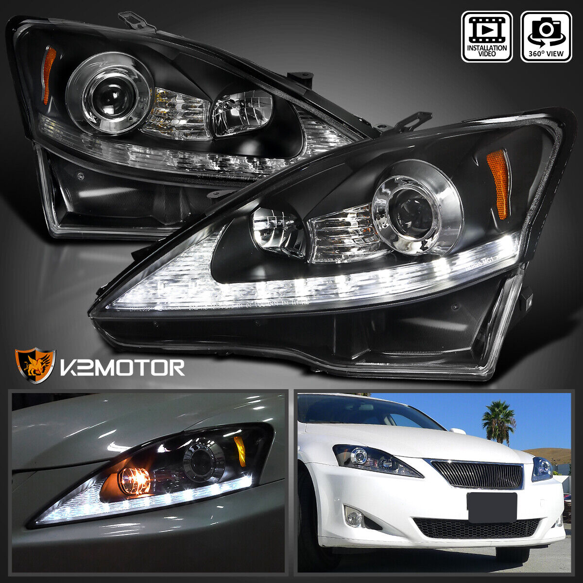 Black Fits 2006-2010 Lexus IS250 IS350 LED Signal Strip Projector Headlights L+R