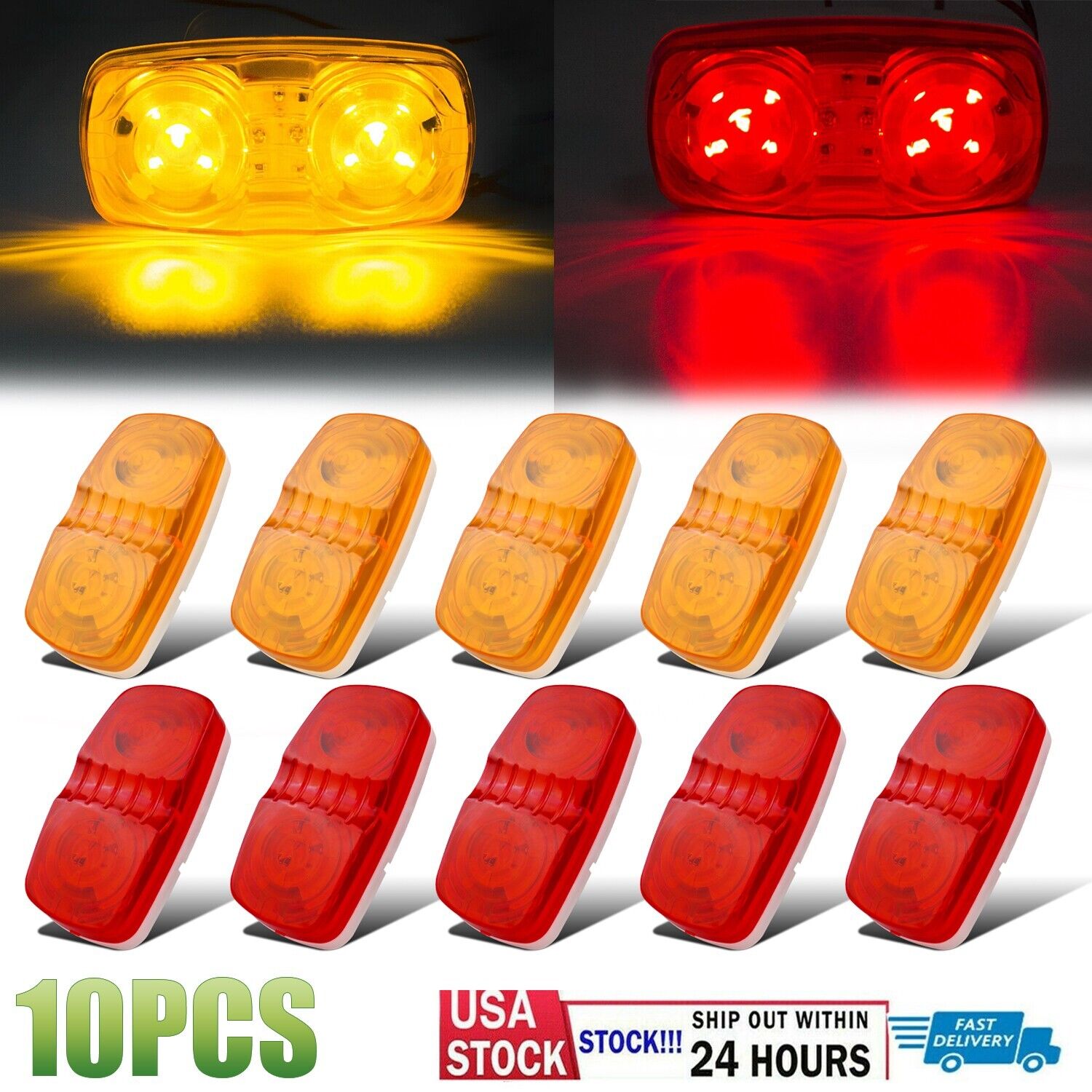 10 x Trailer Marker LED Light Double Bullseye 10 Diodes Clearance Lamp Red&Amber