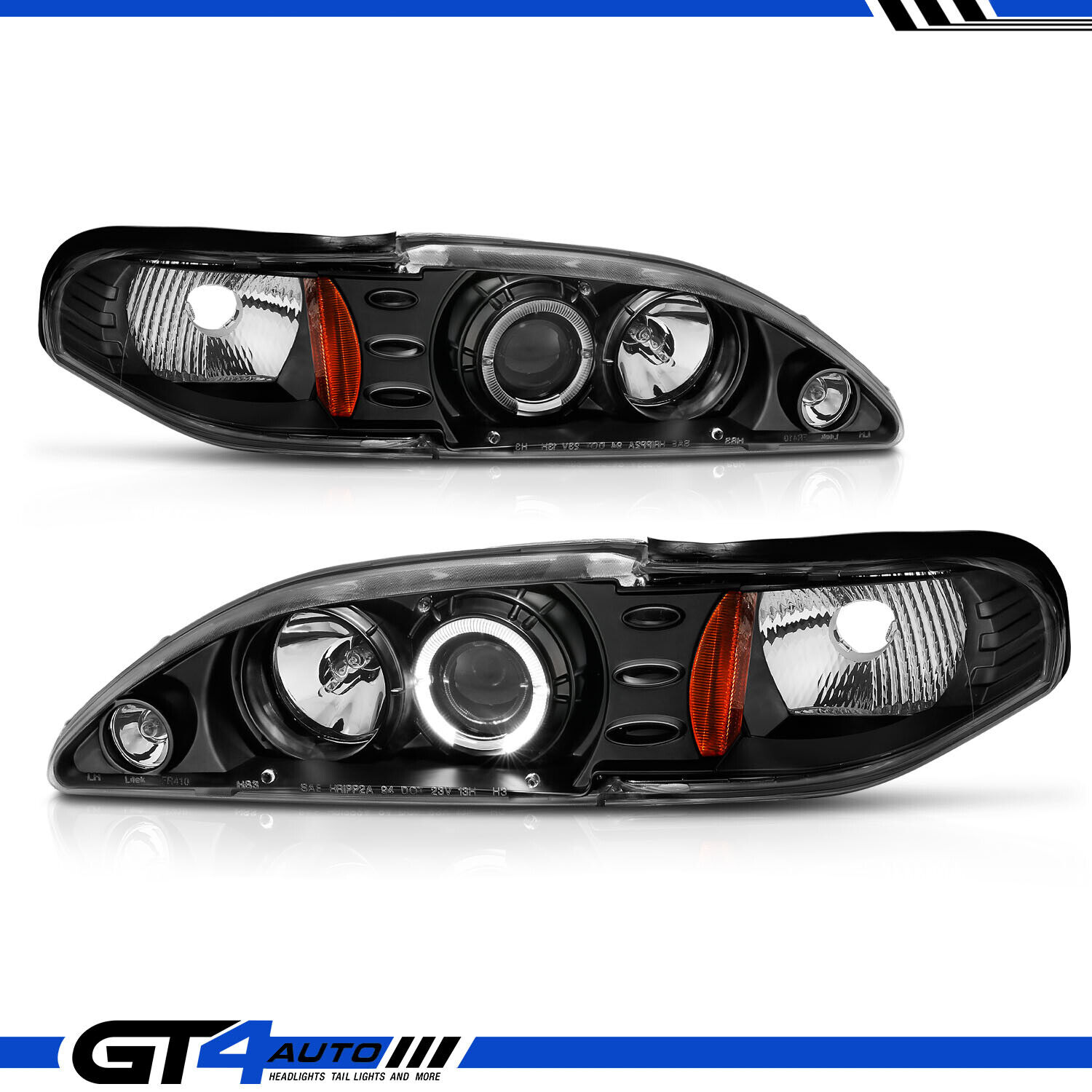1994-1998 Ford Mustang Cobra LED Halo Black Projector Headlights Left+Right Pair