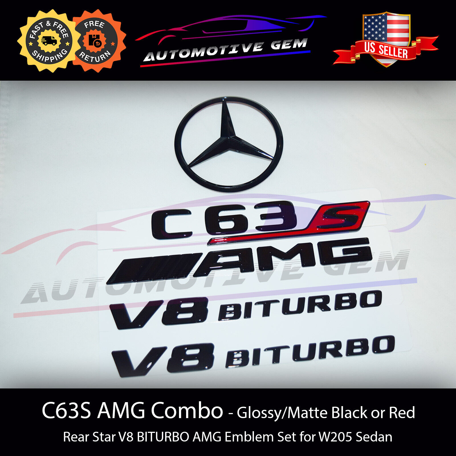 W205 C63S SEDAN AMG V8 BITURBO Trunk Star Emblem Black Badge Set Mercedes 2019+