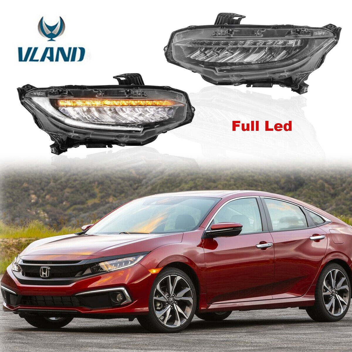 2X LED Headlights With Sequential Indicator For 2016-2021 Honda Civic 10Th GEN
