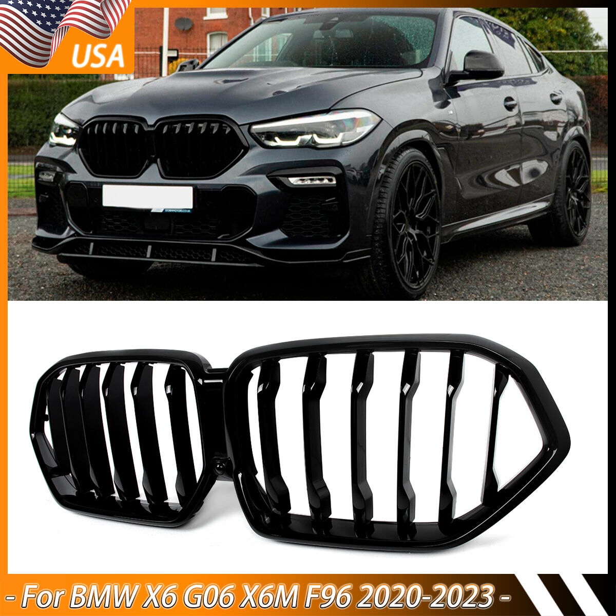 For BMW X6 G06 X6M F96 2020-2023 1-Slat Front Kidney Grill Grille Glossy Black