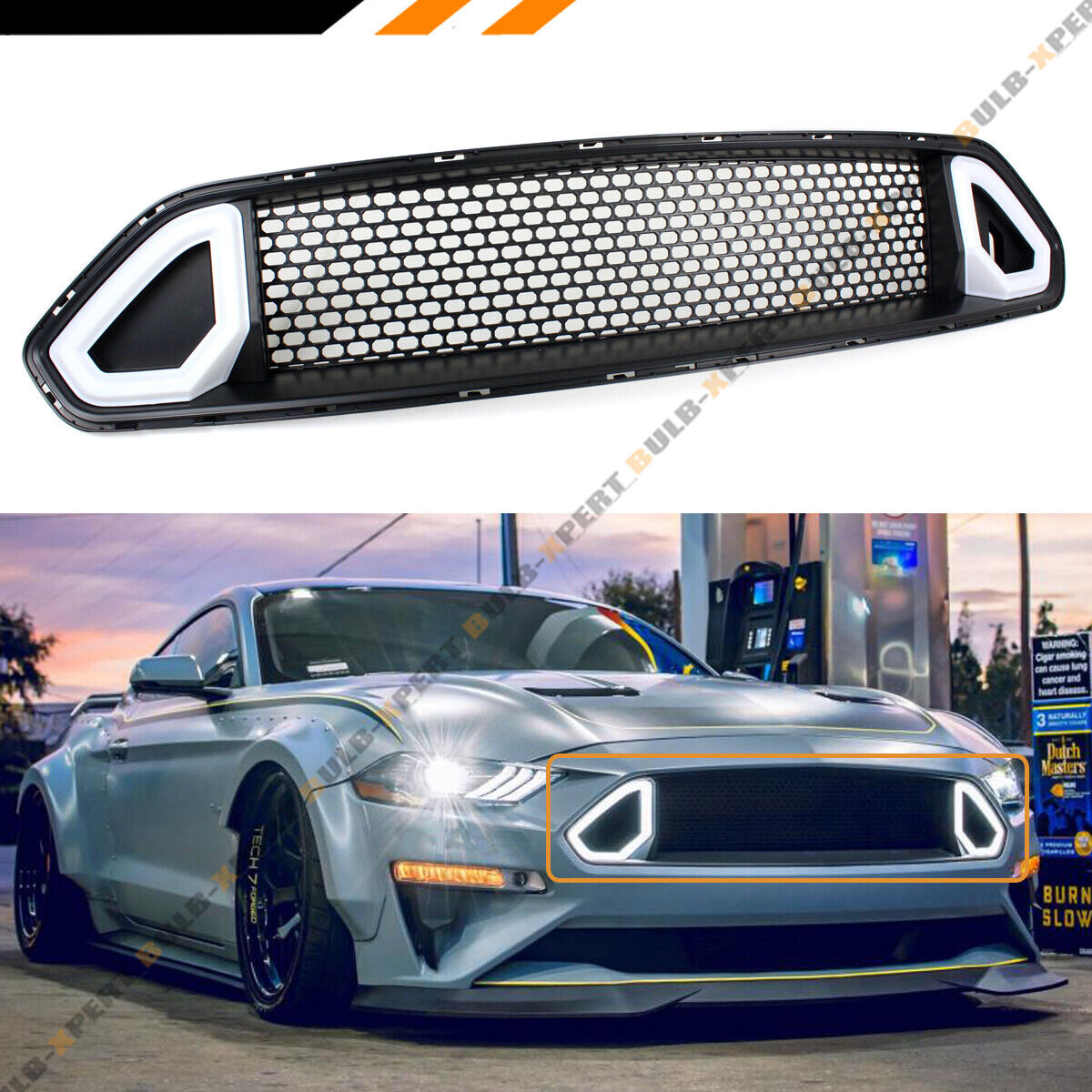 For 18-2023 Ford Mustang R Style Front Mesh Grille White & Amber LED Lights