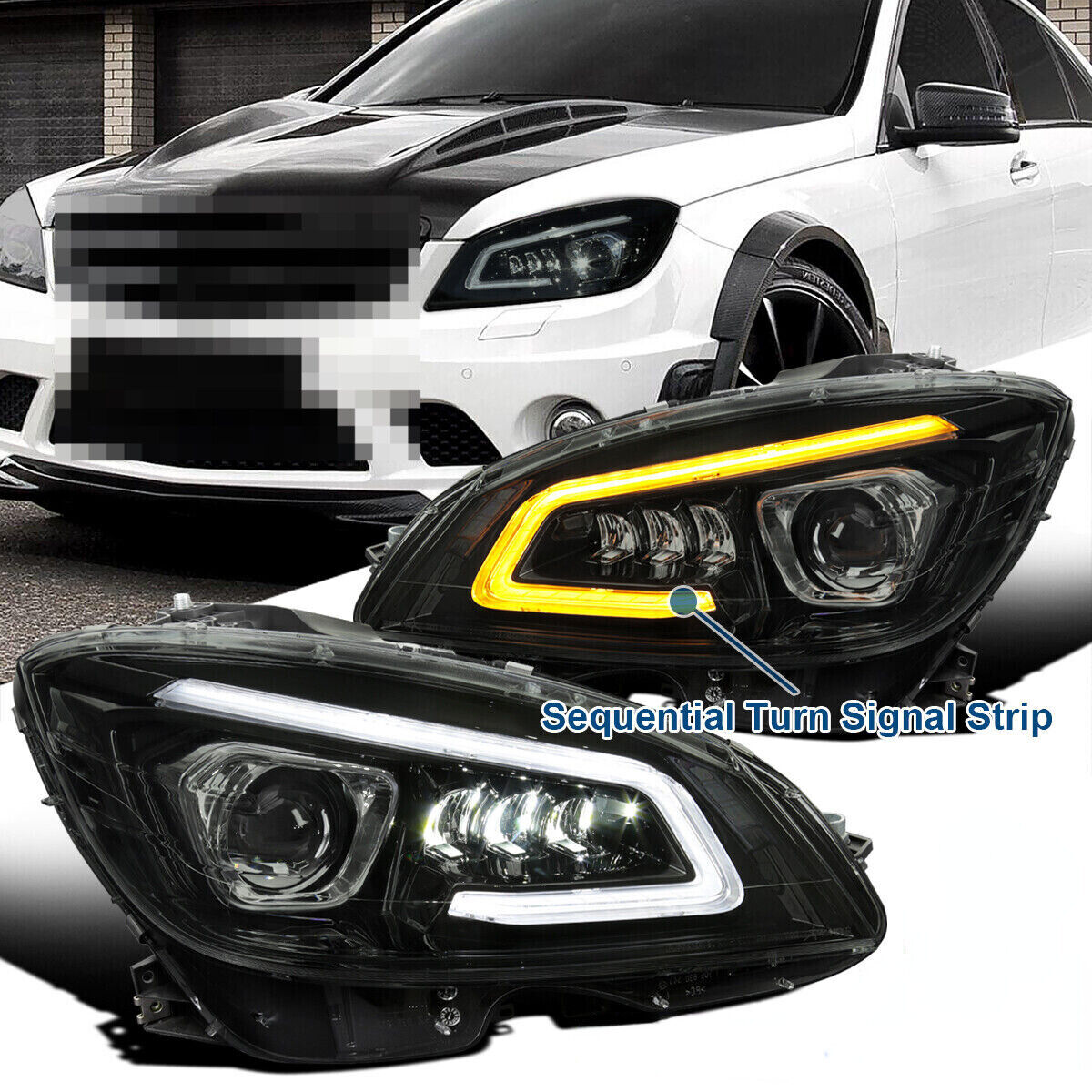 Fits 2008-2011 Mercedes W204 C-Class LED Sequential Black Projector Headlights