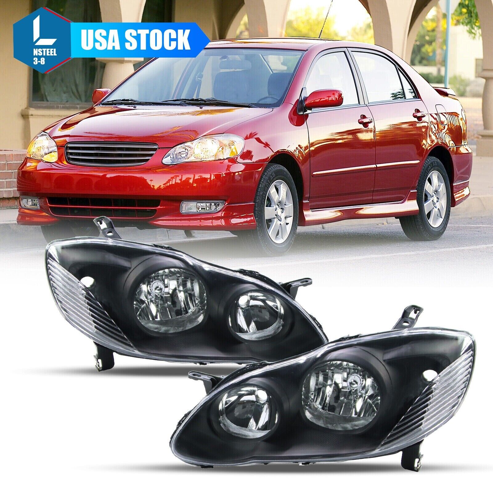 Pair Headlight Assembly for 2003-2008 Toyota Corolla Clear Lens Headlamps