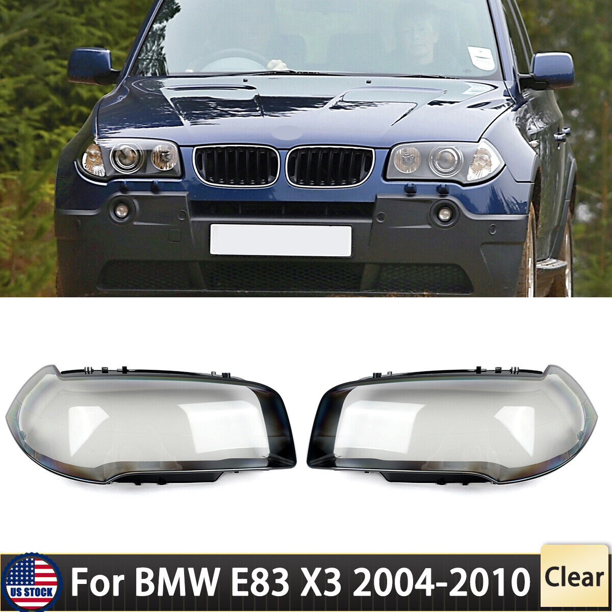A Pair Clear Headlight Lens Headlamp Cover Shell For BMW E83 X3 2004-2010 LH+RH