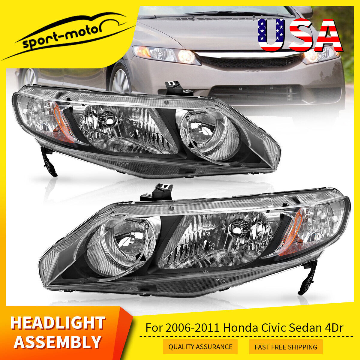 Headlights Assembly Replacement for 06-11 Honda Civic Sedan Left+Right Headlamps