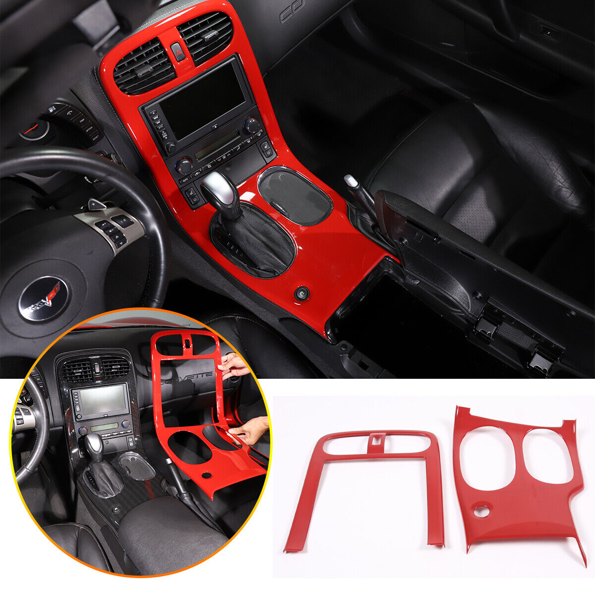 Red ABS Center Console Car Gear Shift Panel Cover Trim For 2005-2013 Corvette C6