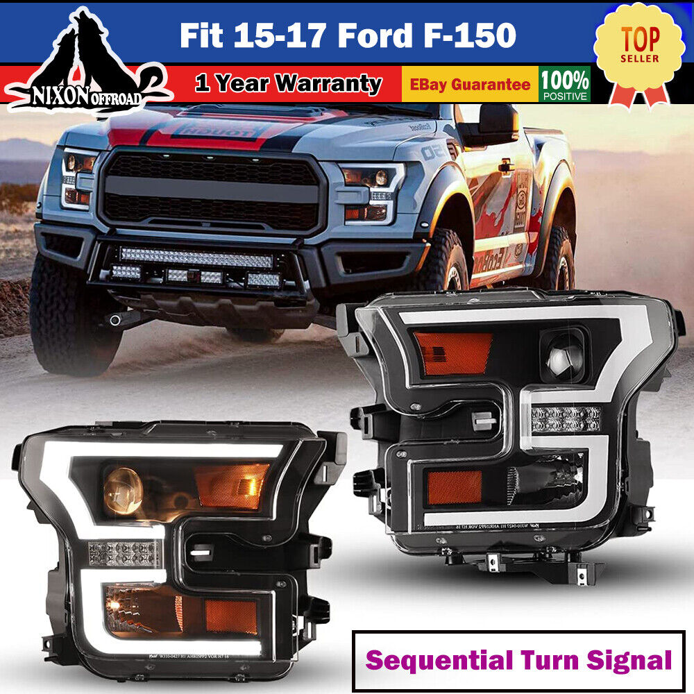 For 15-17 Ford F150 F-150 Projector Headlights With LED Sequential DRL Light Bar