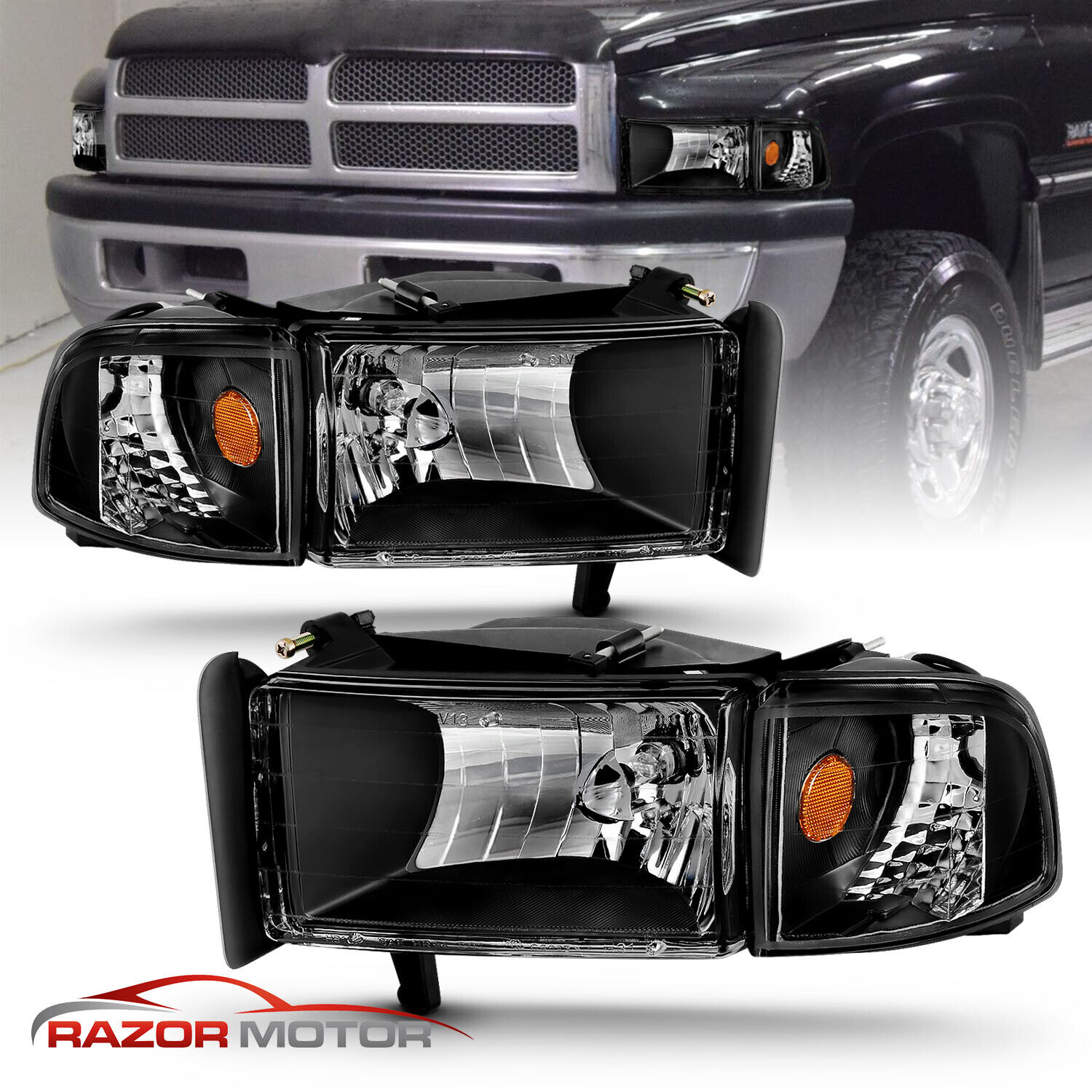 94-01 For Dodge Ram 1500 2500 3500 Black Replacement Headlights Corner Signal