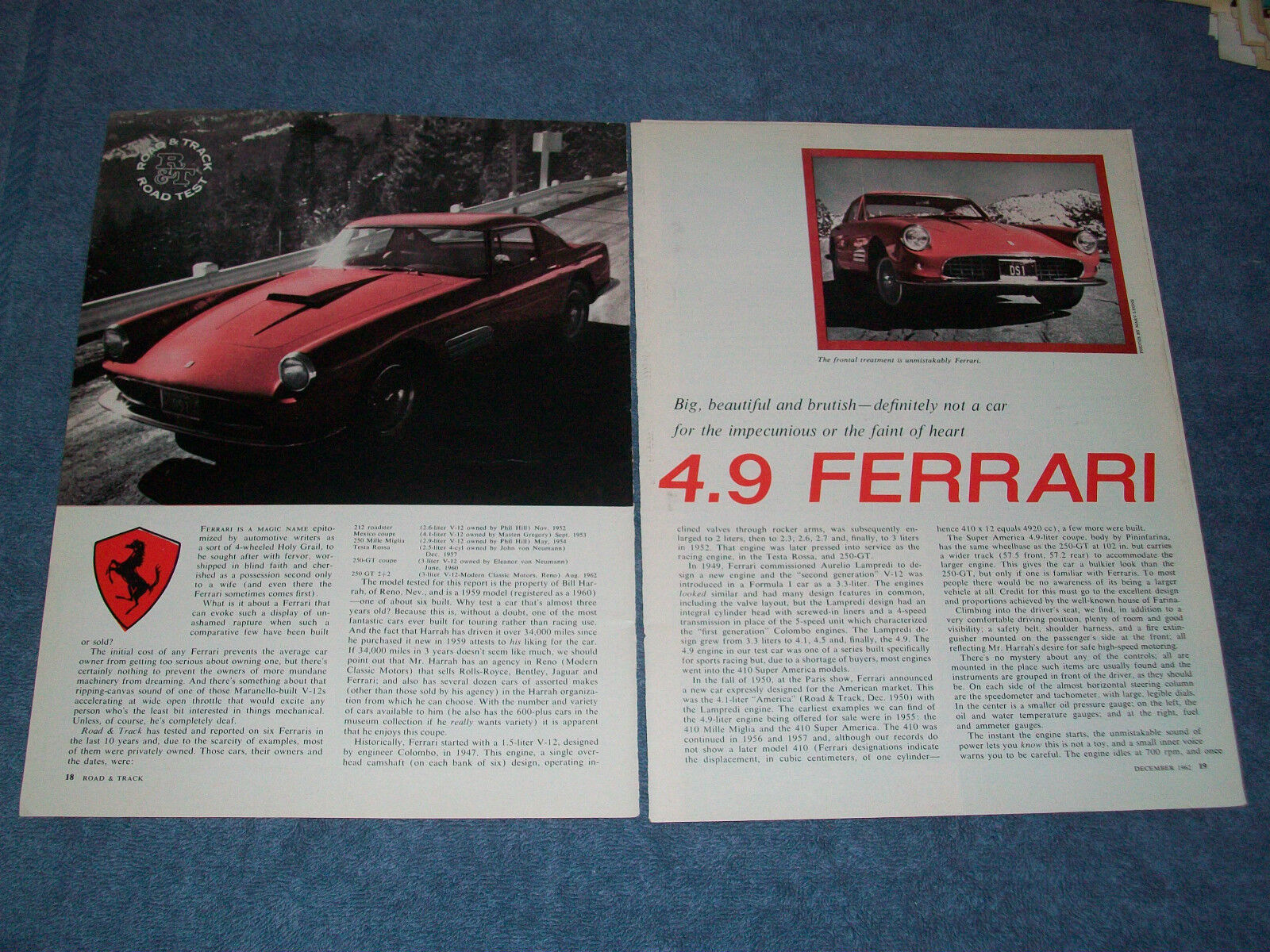 1959 Ferrari Superamerica 4.9 Vintage 1962 Road Test Info Article