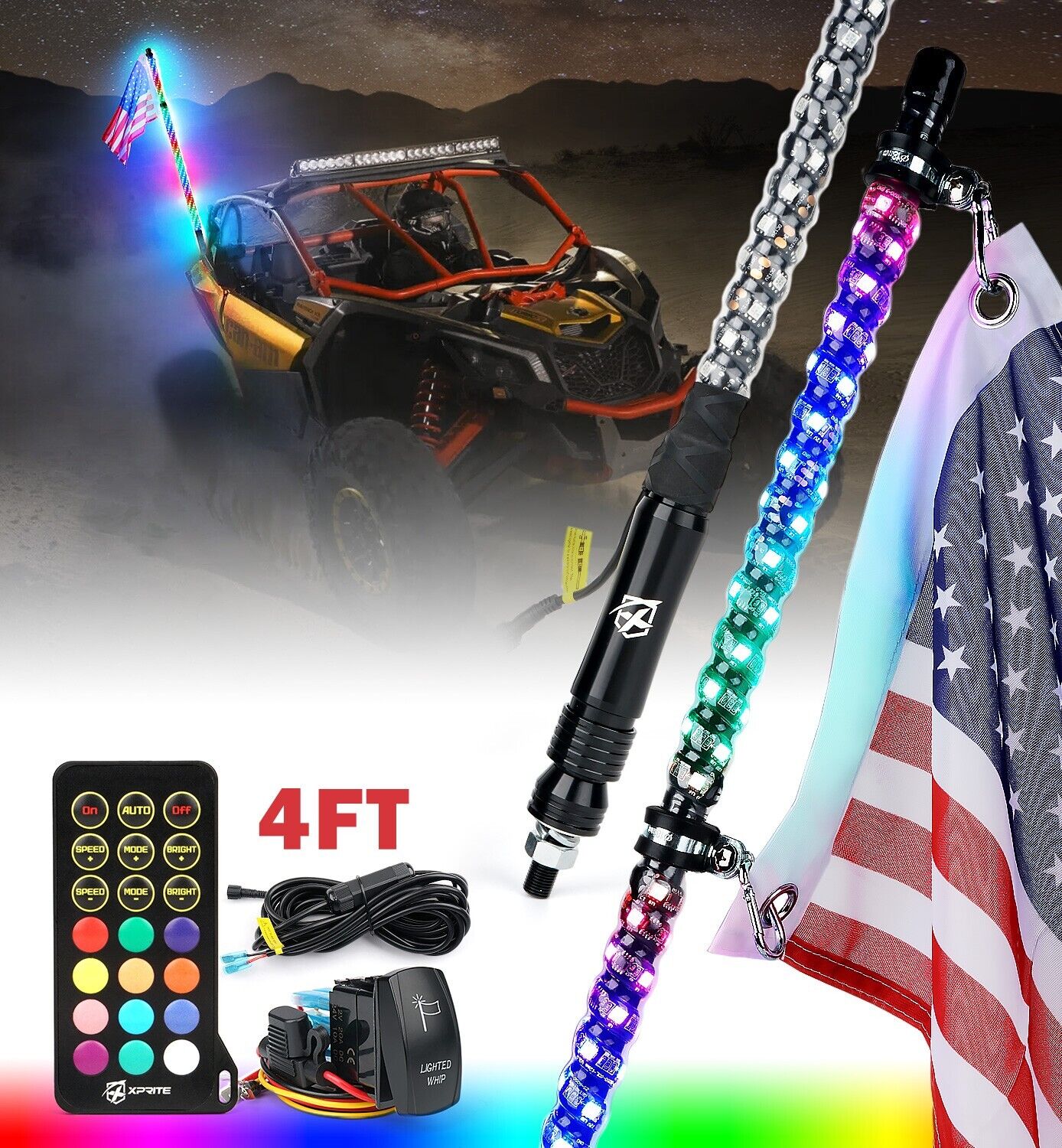 XPRITE 4ft RGB LED Spiral Whip Lights Dancing Remote for UTV RZR ATV 4WD 4x4 SXS