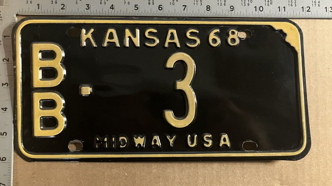 1968 Kansas license plate BB 3 YOM DMV Bourbon single digit SHOW CAR 11154
