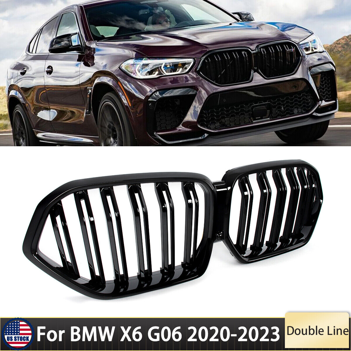 Gloss Black Dual Slat Front Kidney Grill Grille For BMW X6 G06 2020-2023