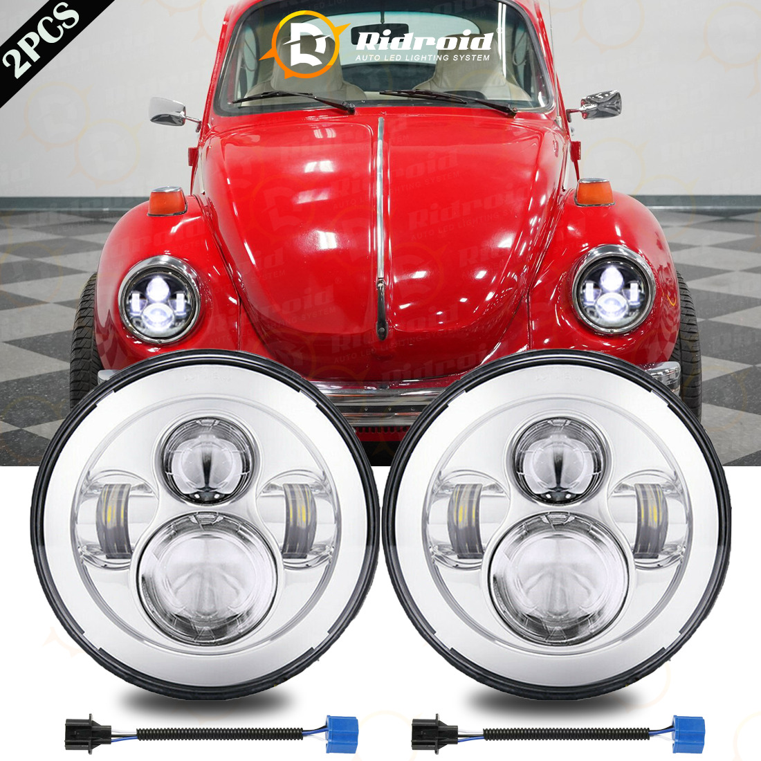 For VW Beetle 1967-1979 Pair 7 Inch LED Headlights Chrome& Hi-Lo Beam 85W White