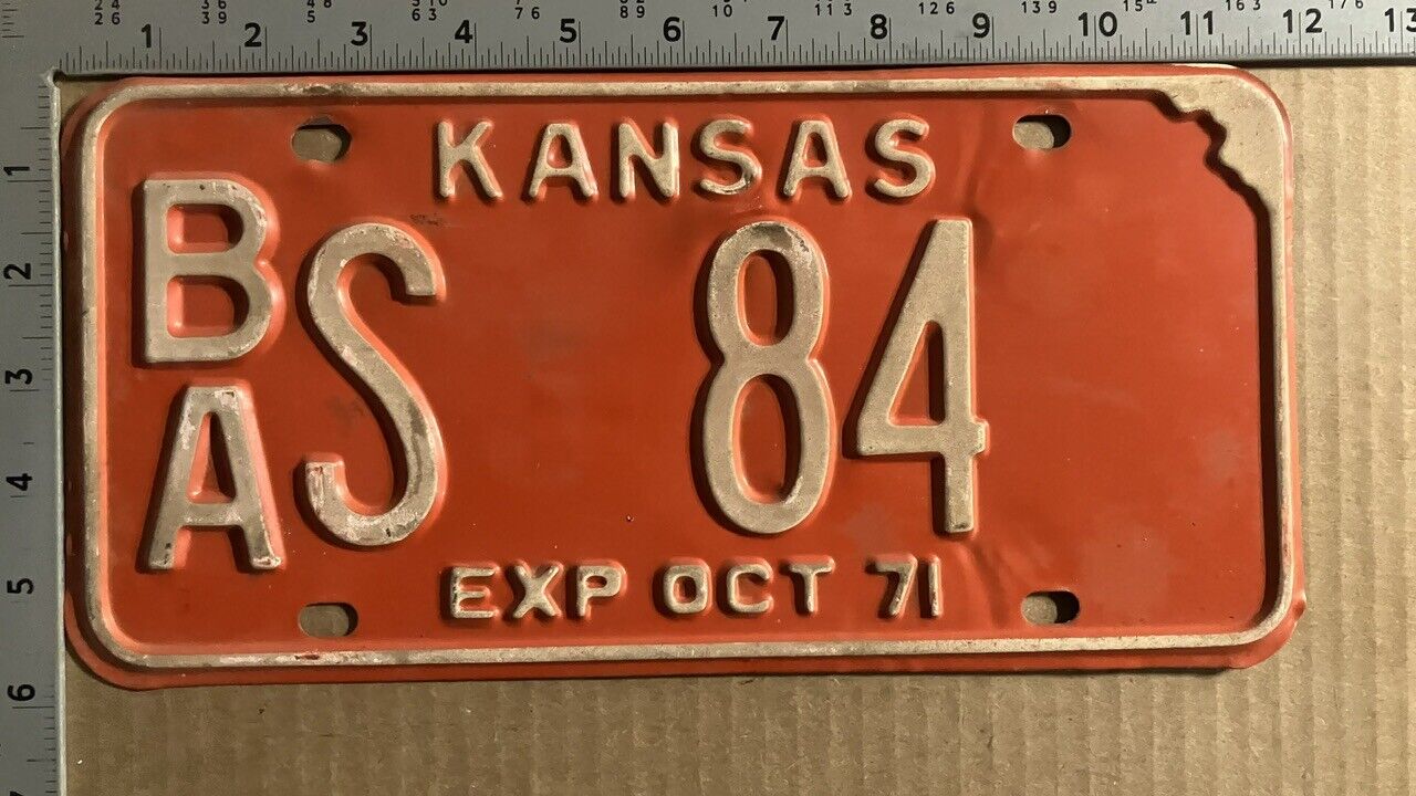 1971 Kansas license plate BA S 84 YOM DMV Barber Ford Chevy Dodge 14464