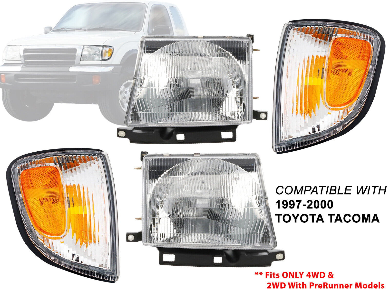 Fits Corner Headlight 97-00 Toyota Tacoma 2WD With PreRunner 98-00 4WD Combo SET