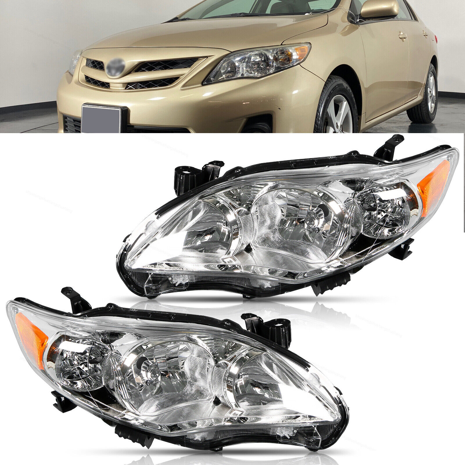 Fits 11 -13 Toyota Corolla LH RH Headlights Chrome Housing Halogen Clear Lens