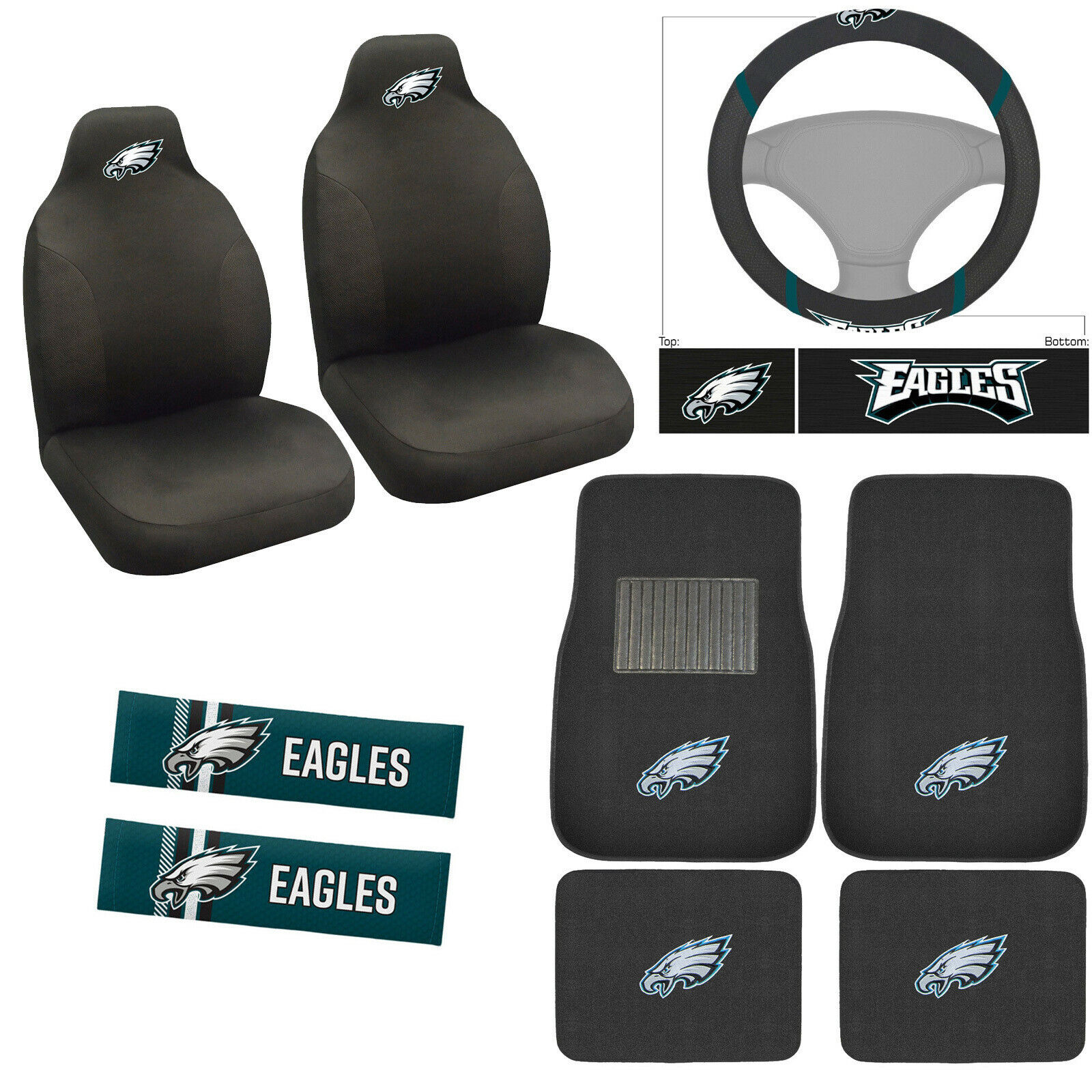 9pc Set NFL Philadelphia Eagles Car Front Rear Floor Mats Steering Wheel Cover