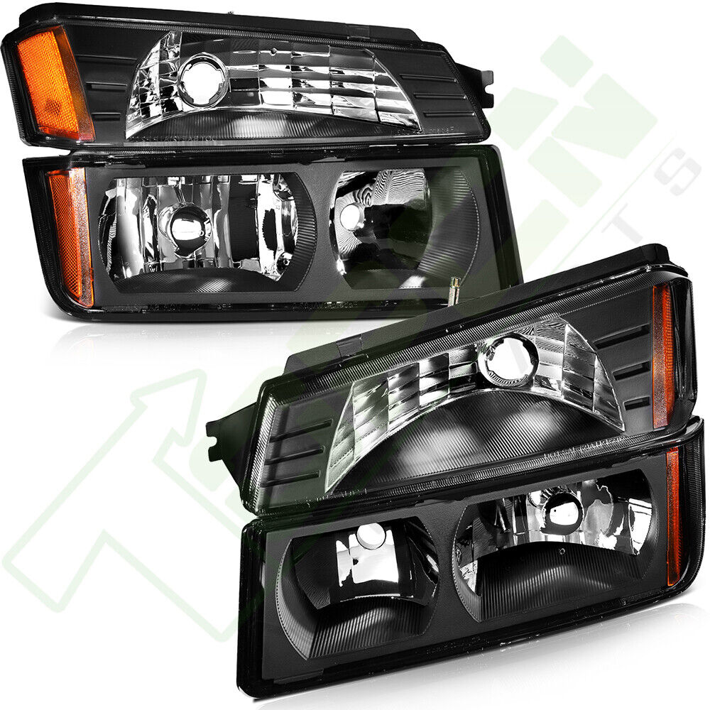 For 2002-2006 Chevy Avalanche Headlights Assembly+Bumper Black Housing Lamp Pair