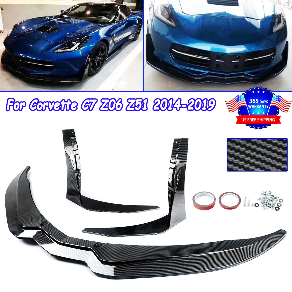 Carbon Fiber Look Front Lip & Winglets For Corvette C7 Z51 Z06 Stage 3 2014-2019