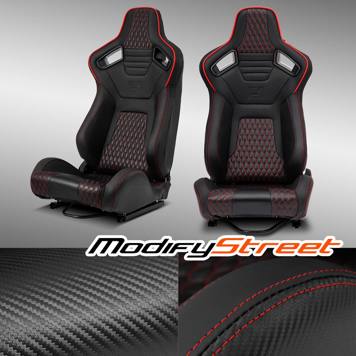 Pair of PVC Carbon Fiber Leather Reclinable Racing Seats W/Silders Red+Black