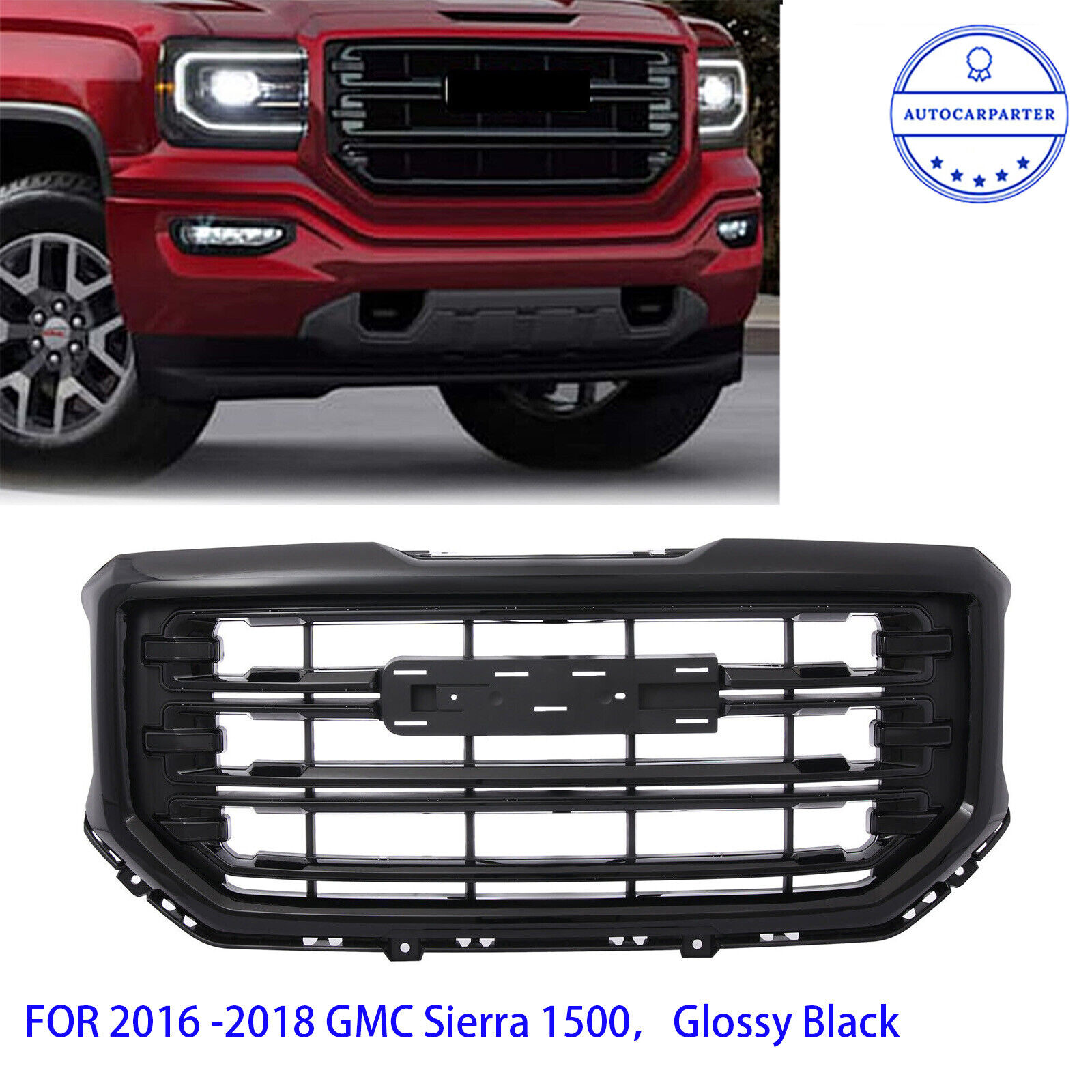 Fit 2016-2019 GMC Sierra 1500 Front Bumper Grille Glossy Black Grill