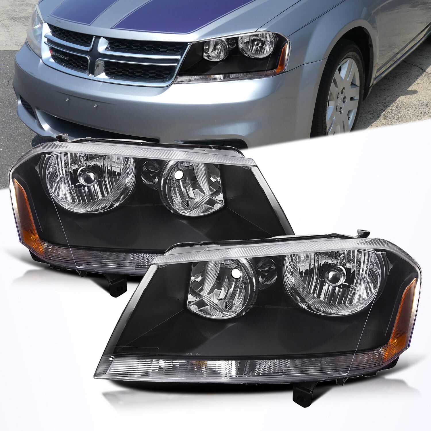 For 2008-2014 Dodge Avenger Black Replacement Headlights Headlamps Left + Right